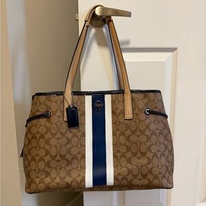Coach Brown Signature Stripe Tote with Navy and White Center Stripe